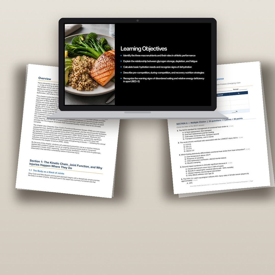 A slide deck, workbook page and unit test page from the course
