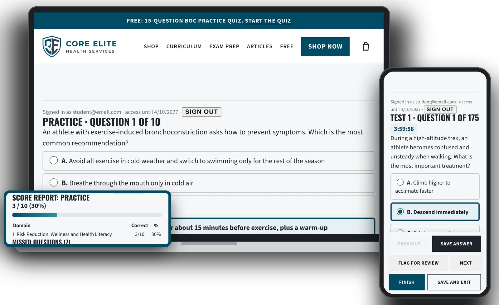The online practice exam on a laptop and a phone